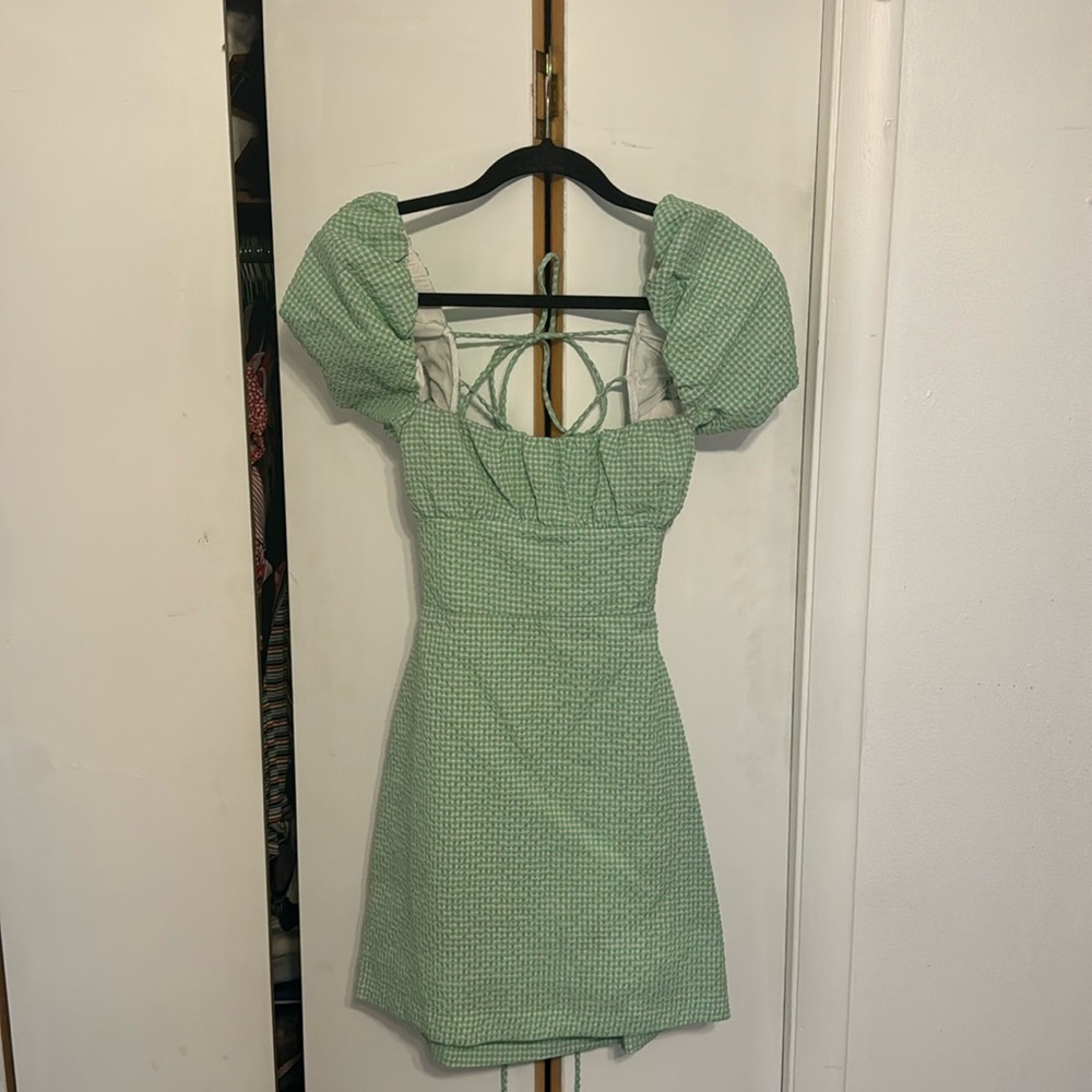 Zara Gingham Puff Sleeve Babydoll Mini Dress in Green